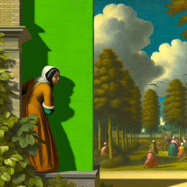 Detailrijke landschapsafbeelding van een vrouw die nieuwsgierig om de hoek van een gebouw kijkt, in de stijl van Jacob van Ruisdael.