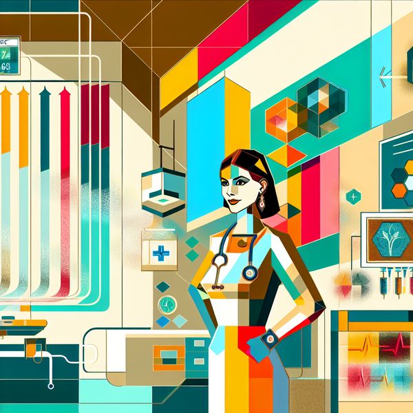 Vrouw in retro-futuristische stijl als arts in een ziekenhuisomgeving met medische apparatuur.