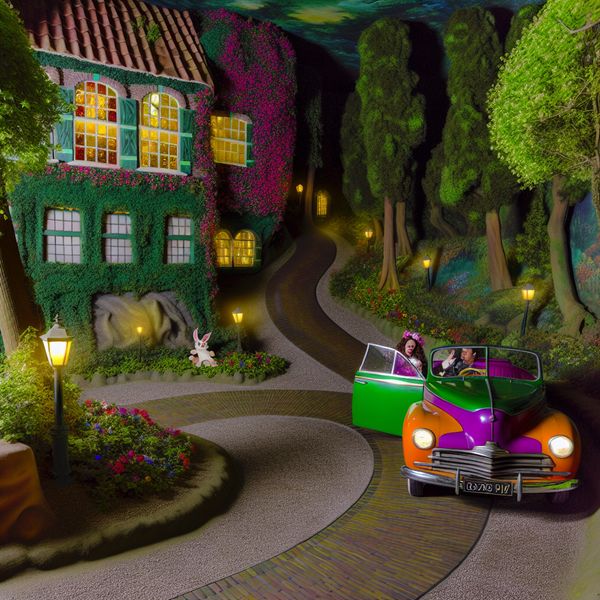 Vrouw in vintage auto rijdt oprit op naar sprookjeshuis Een vrouw in een vintage auto rijdt een kronkelige oprit op naar een sprookjesachtig huis, omringd door groene bomen en kleurrijke bloemen.