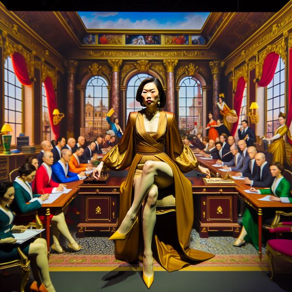 Zelfverzekerde vrouw als bedrijfsvertegenwoordiger in een elegante kantoorruimte Vrouw die zelfverzekerd spreekt voor een publiek in een elegante kantoorruimte met barokken meubels