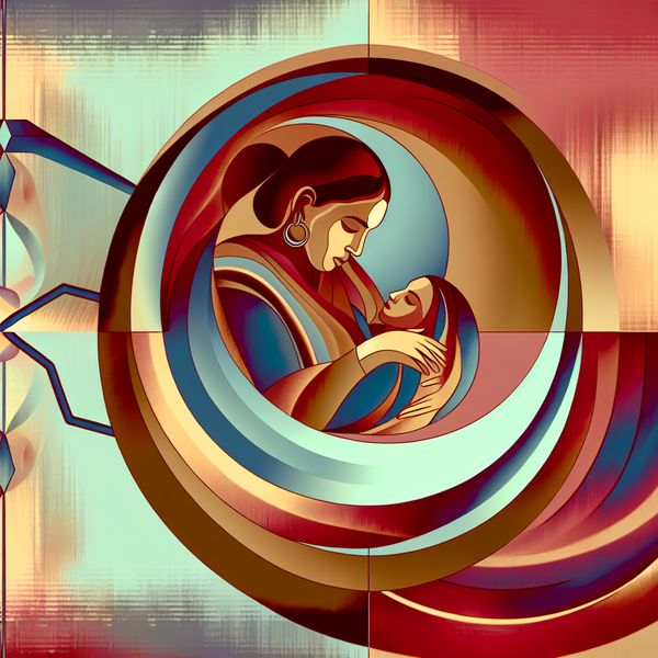 Vrouw in Concentratie Tijdens Bevalling met Geometrische Elementen Een vrouw in concentratie tijdens bevalling met geometrische vormen die de kracht van samentrekkingen weergeven.