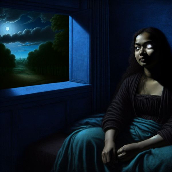 Een vrouw die bij haar raam zit, verlicht door maanlicht, terwijl ze naar de nachtelijke lucht kijkt.