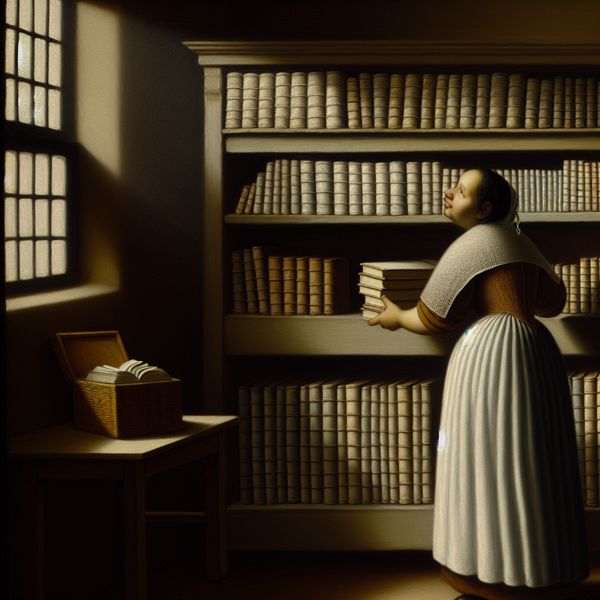 Vrouw in 17e-eeuwse Nederlandse kamer met boeken, Vermeer-stijl