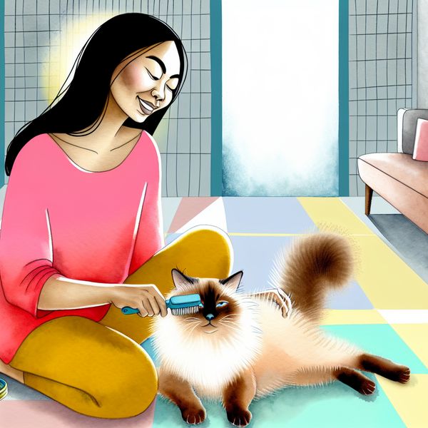 Vrouw Zorgt voor Kat in Cozy Woonkamer Vrouw borstelt de vacht van haar ontspannen kat in een gezellige woonkamer