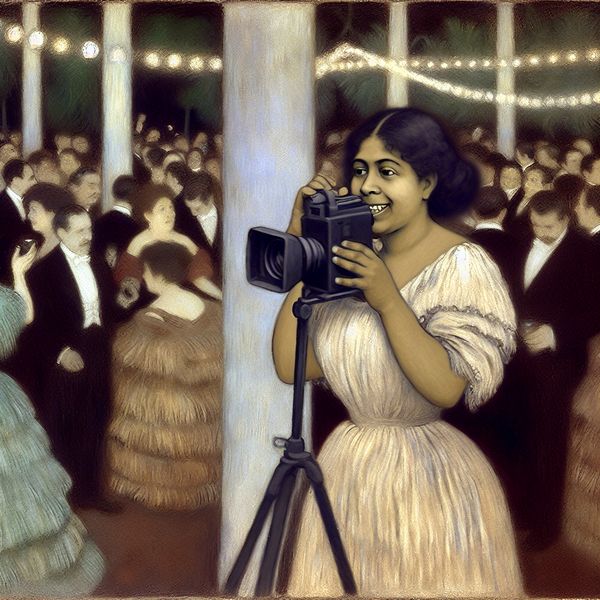 Vrouw met camera op feest voor vlog Een vrouw met een camera op een levendig feest, bezig met het vastleggen van vrolijke momenten.