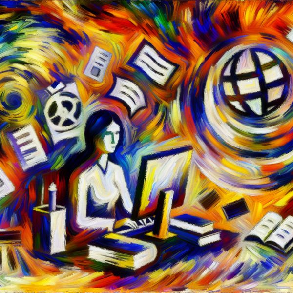 Abstract expressionistisch schilderij van een vrouw die achter een computer zit, omgeven door kleurrijke penseelstreken, met boeken en documenten om haar heen.