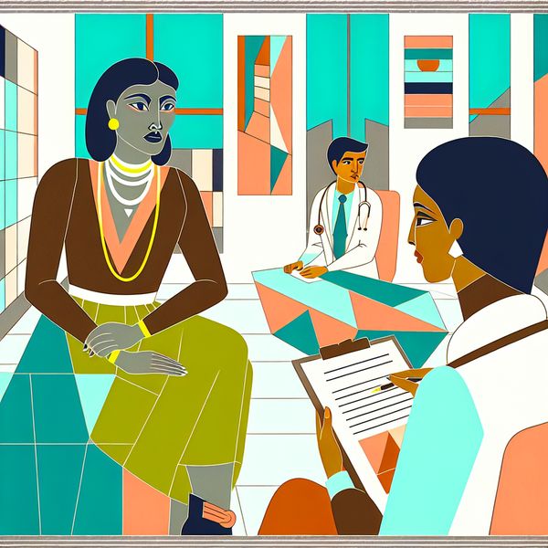 Vrouw in een retro-futuristische dokterspraktijk deelt haar medische zorgen mee aan de arts, terwijl ze een rapport vasthoudt.