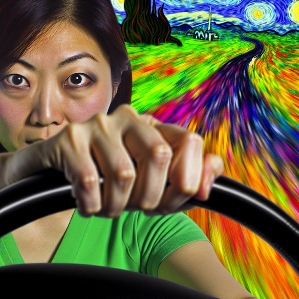 Vrouw die scherp een auto bestuurt Dichtbijopname van een vrouw die geconcentreerd een stuurwiel vasthoudt terwijl ze een scherpe bocht neemt.