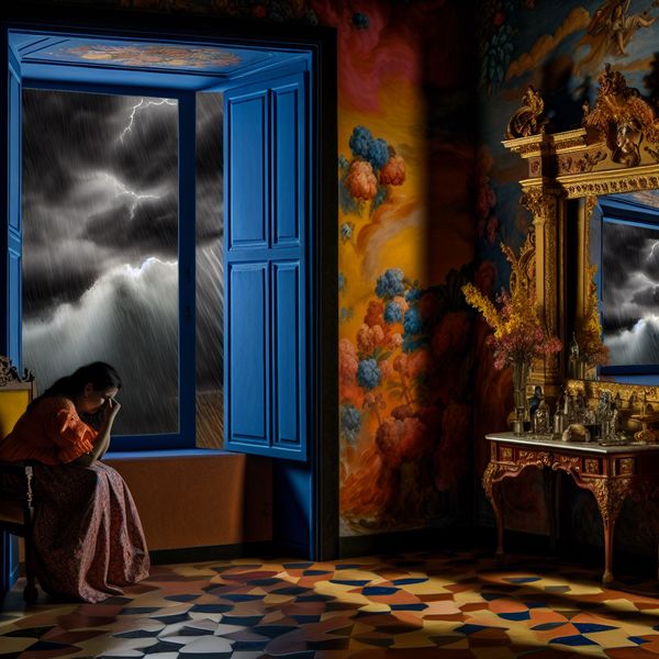 Dramatische scène van verdriet in Barokstijl Een vrouw zit alleen in een dim verlichte kamer, met haar hoofd gebogen en tranen die over haar gezicht lopen.