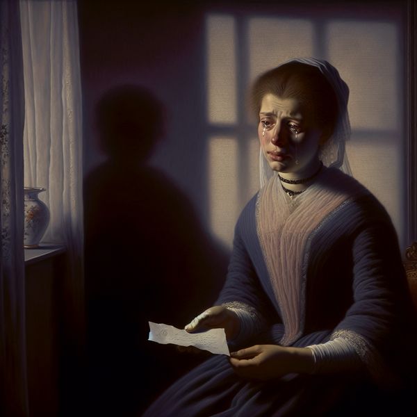 Vrouw alleen in emotioneel pijnlijke situatie met brief Een vrouw in een zacht verlichte kamer, alleen en verdrietig, met een brief in haar hand en tranen in haar ogen. De ruimte is elegant ingericht en geeft een gevoel van kwetsbaarheid.