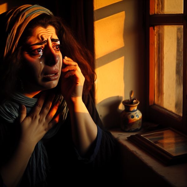 Vrouw met emotionele uitdrukking bij raam Een vrouw met tranen in haar ogen, zittend bij een raam en terugdenkend aan een bittersweet herinnering.