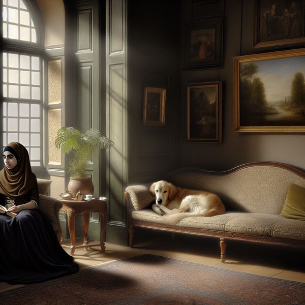Ontspannende Interieur Scene met Vrouw en Hond Een jonge vrouw ontspannen op een comfortabele bank met een boek in de hand en een golden retriever aan haar voeten in een warm verlichte ruimte.