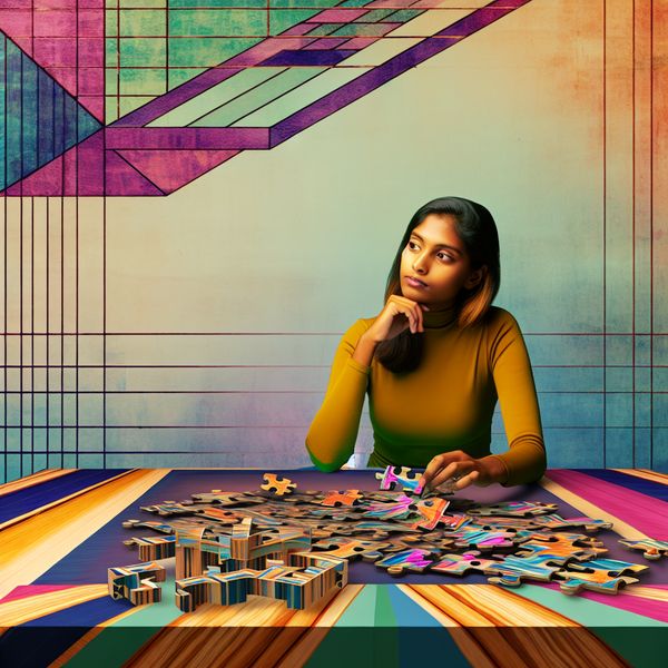 Evalueren van complexe problemen met een retro-futuristische uitstraling Een jonge vrouw die zorgvuldig een complexe puzzel bekijkt op een modern geometrisch vormgegeven tafel.