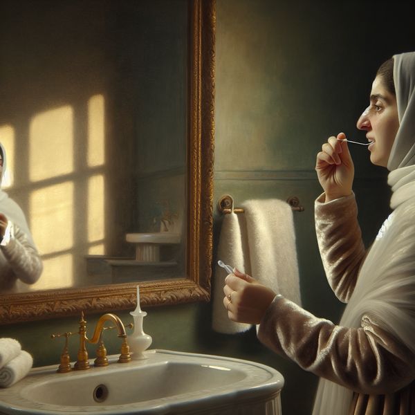 Vrouw flost tanden in elegante badkamer Vrouw die vredig haar tanden flost voor een vintage spiegel in een sfeervolle badkamer
