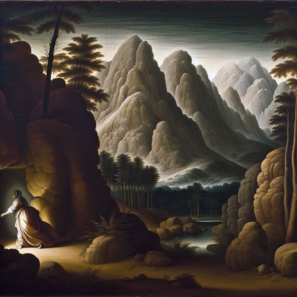 Vrouw die vlucht naar veilig berglandschap Een vrouw die zich haast naar een serene berglandschap, omringd door majestueuze bergen, met zachte luchtverlichting.
