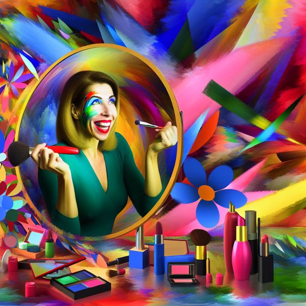 Vrouw bereidt zich voor op fotoshoot met kleurrijke make-up Een vrouw die zich voorbereidt op een fotoshoot, terwijl ze kleurrijke make-up aanbrengt voor de spiegel.
