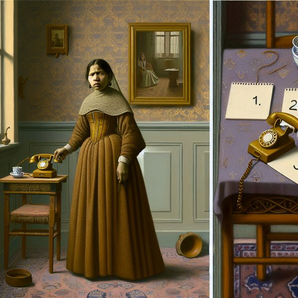 Gemengd gevoel van frustratie en vastberadenheid tijdens het tellen Een gefrustreerde vrouw staat naast een vintage telefoon in een elegant ingerichte kamer, met een open notepad waarin '1, 2, 3' is geschreven.