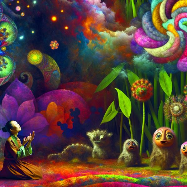 Surrealistische Gebedsuitbeelding voor Succes Een vrouw knielt in een levensechte tuin en bidt om succes met kleurrijke wolken om haar heen.