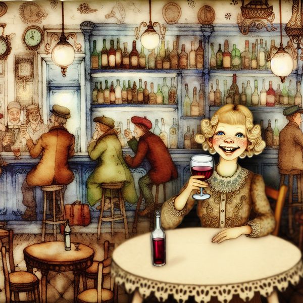 Vrouw geniet van wijn in een gezellige vintage bar Vrouw geniet van een glas wijn in een vintage bar met sfeervolle verlichting en charmante decoraties.