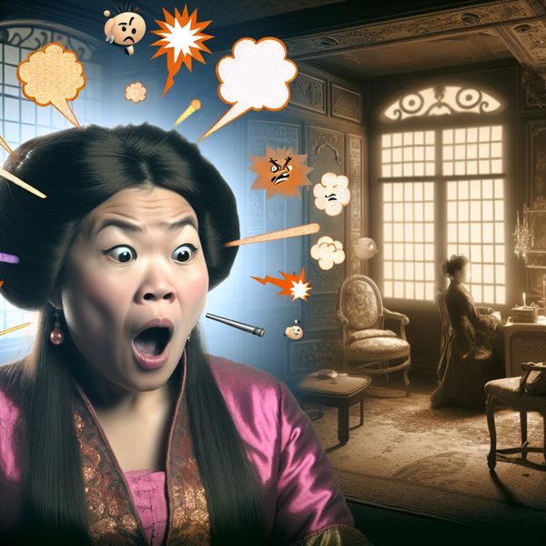 Vrouw met geschokte uitdrukking in vintage kamer Een geïllustreerde vrouw met een geschokte uitdrukking in een vintage kamer, die de explosieve woede uitdrukt