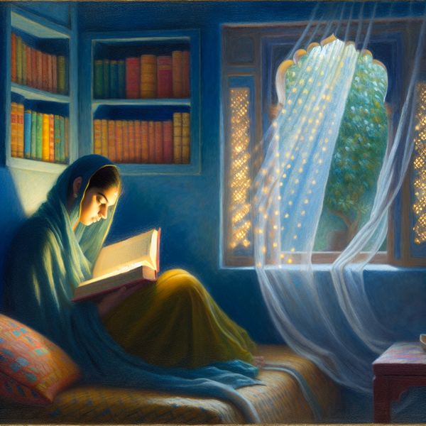 Vrouw in leeshoek verdiept in boek Vrouw zit vredig in een leeshoek en leest een boek, omringd door kleurrijke boeken en een warm interieur