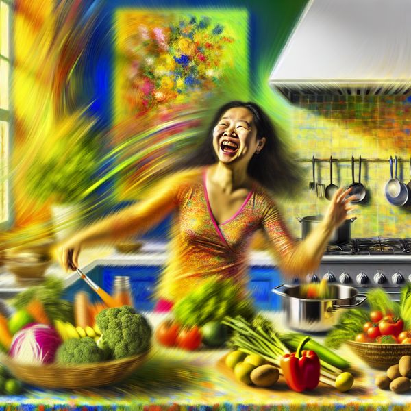 Vrouw die vreugdevol een gezonde maaltijd bereidt in een zonovergoten keuken met verse groenten en fruit.