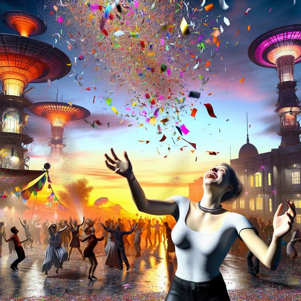 Vrouw viert feest met kleurrijke confetti in een levendige setting Vrouw die vrolijk confetti in de lucht gooit tijdens een feestelijke bijeenkomst, met een surrealistische skyline op de achtergrond.