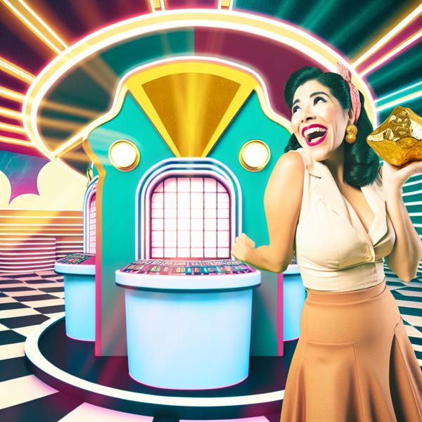 Retro-futuristische vrouw met gouden nugget in loterijscene Vrouw met een gouden nugget voor een kleurrijke loterijkraam in retro-futuristische stijl