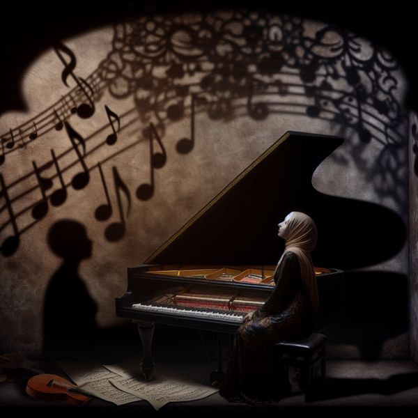 Een vrouw met een etherische aura zit bij een grand piano in een sfeervol verlichte kamer, omringd door muziekinstrumenten en schaduwachtige muzikale noten.