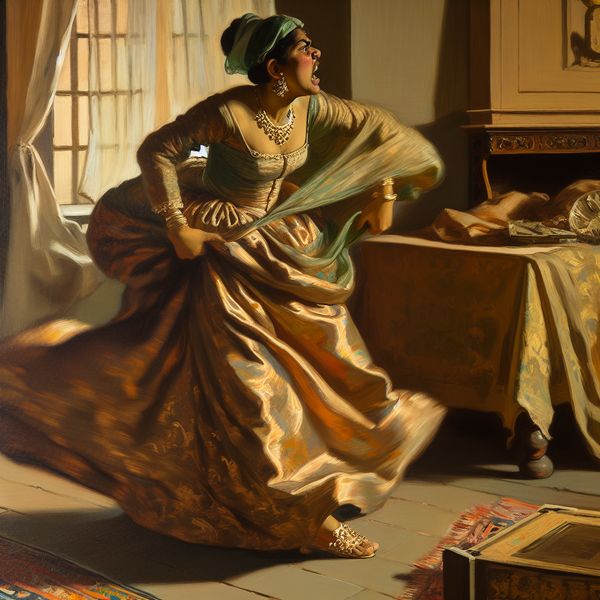 Dynamische haast in schilderijstijl van Gerard ter Borch - taal leren Elegante vrouw die met haast en boze blik een kamer binnenstormt,