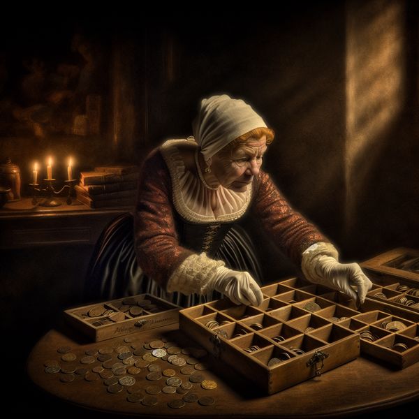 Oudere vrouw die historische munten verzamelt Een oudere vrouw in historische kleding sorteert zorgvuldig oude munten op een houten tafel.