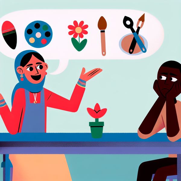Vrouw Bespreekt Hobby's in Minimalistische Stijl Een jonge vrouw zit aan een tafel en praat enthousiast over haar hobby's, naast haar een spraakbel met iconische afbeeldingen van een verfkwast, een bloem en een koekenpan.