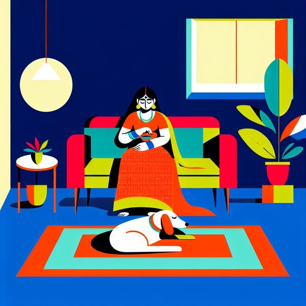 Lieve vrouw en hond in minimalistische woonkamer Een vrouw streelt liefdevol haar hond in een minimalistische woonkamer.
