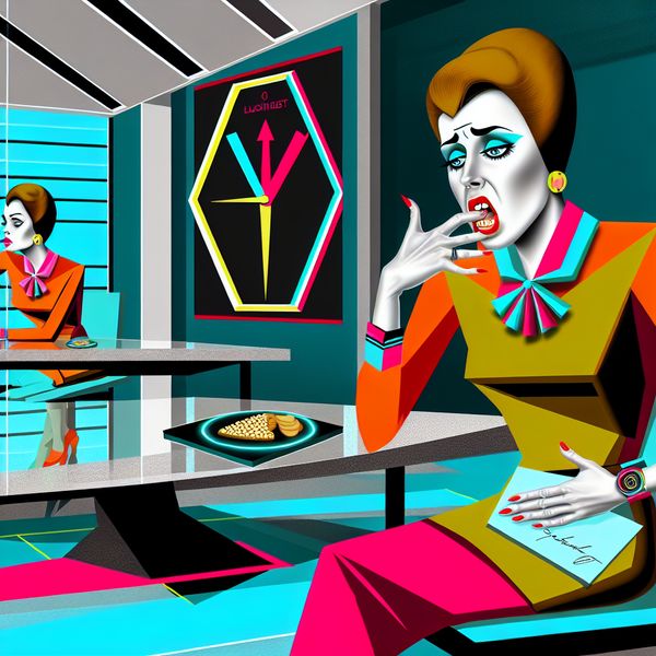 Vrouw met honger in futuristische vergaderruimte Een vrouw in een geometrische vergaderruimte met een ongemakkelijke uitstraling, terwijl haar maag rommelt.