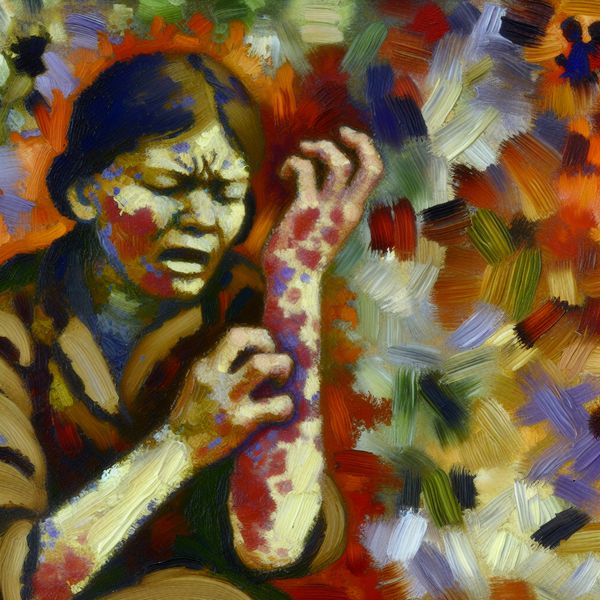 Abstract expressionistische afbeelding van een vrouw die haar arm krabt, weergegeven met felle kleuren om allergische reacties te symboliseren.