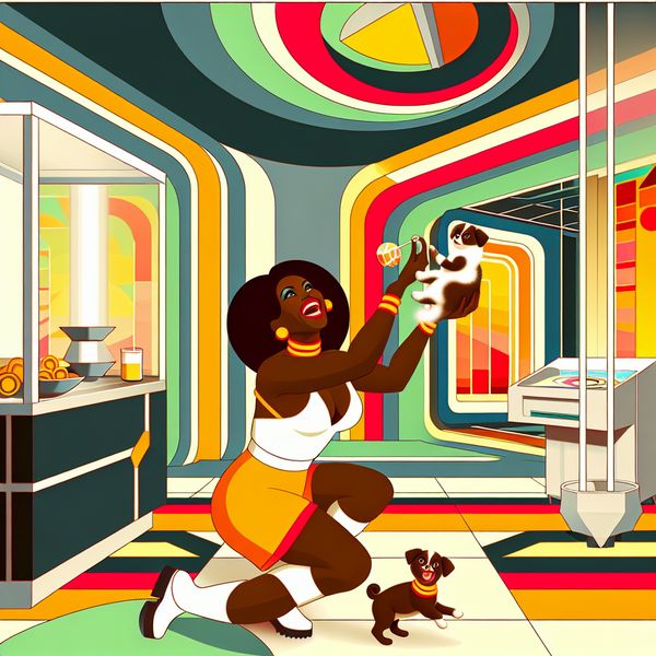 Vrouw in een retro-futuristische omgeving, gelukkig spelend met een klein hondje en een kat.