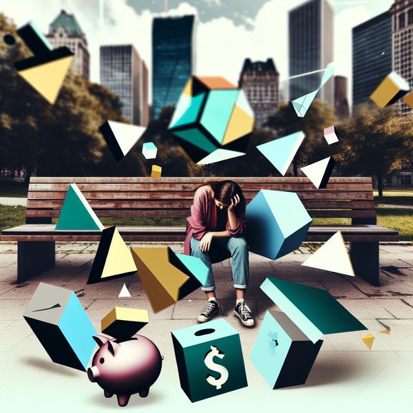 Jonge vrouw op een bankje in een stad, met handen in het hoofd, omringd door geometrische vormen die financiële lasten symboliseren.