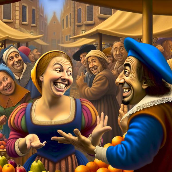 Vrouw in de drukke markt met mensen en hilarische gezichten Vrouw in een drukke markt, omringd door mensen die actief met elkaar in gesprek zijn, met een man die haar een vraag stelt en een verwarde uitdrukking heeft