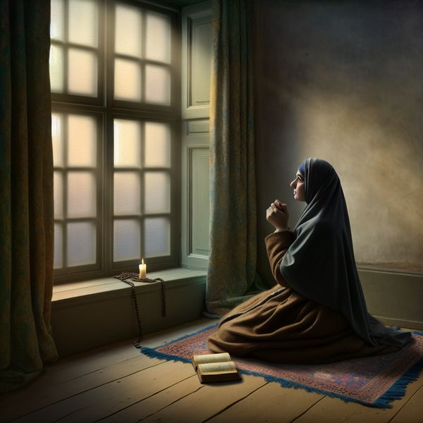 Vrouw in gebed - Spirituele momenten Vrouw in gebed naast een zacht verlichte raam in een serene ruimte met een bidrug en een kaars.