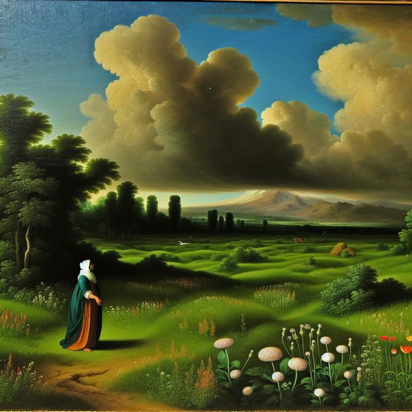 Vrouw in een groene weide omringd door wilde bloemen met dramatische lucht op de achtergrond