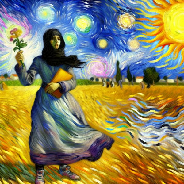 Vrouw in een zonovergoten veld die haar overtuigingen symboliseert Een zelfverzekerde vrouw staat rechtop in een zonovergoten veld, houdt een bloem vast als symbool van haar idealen terwijl winden om haar heen waaien.