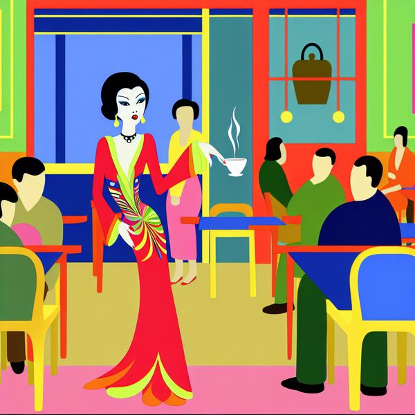 Vrouw in extravagant kleding die zelfvertrouwen uitstraalt in een café Vrouw in kleurrijke kleding poseert zelfverzekerd met een kop koffie in een café, omringd door verwonderde toeschouwers.