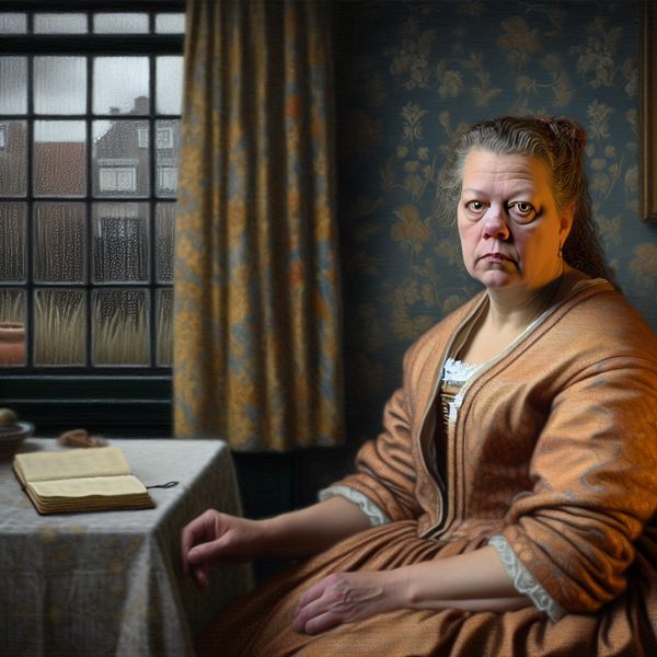 Portret van een vrouw in contemplatie en verdriet Portret van een vrouw met een verdrietige uitdrukking in een sfeervolle kamer met fijne stoffen en een open dagboek op tafel.