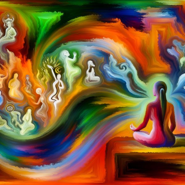 Vrouw in Meditatie en Religieuze Symbolen Abstracte uitdrukking van een vrouw in meditatie, omringd door kleurrijke symbolen van verschillende religies