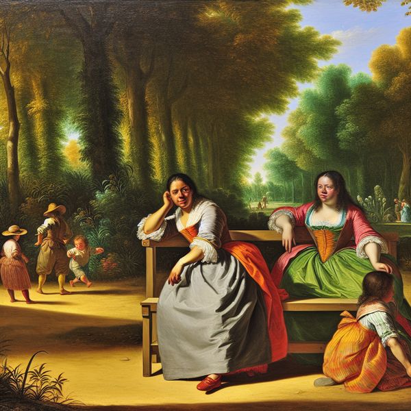 Ontspannen vrouw in zonovergoten park Een vrouw met een onopgesmukte houding, zittend op een houten bank in een zonovergoten park, omringd door groen en spelende kinderen.