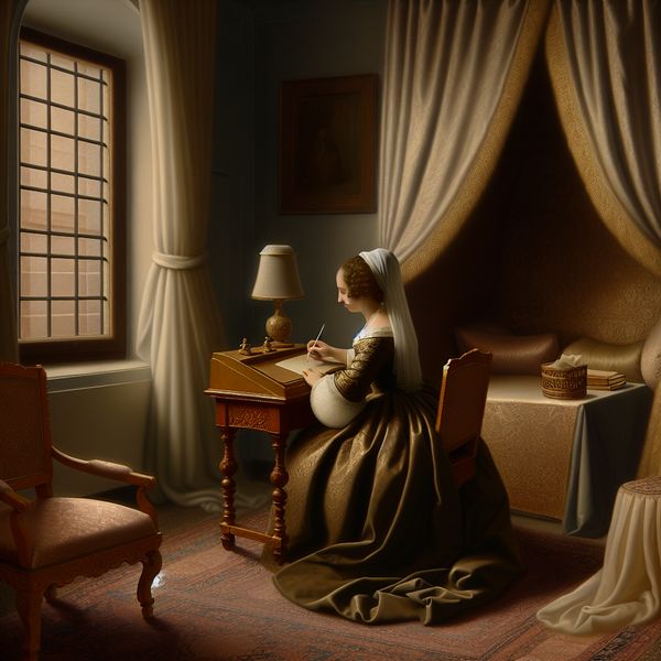 Een vrouw in een elegante jurk aan een houten bureau, die haar gedachten op perkament samenvat.