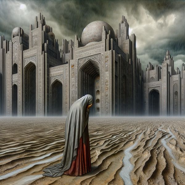 Surrealistische vrouw in melancholisch landschap Een surrealistisch beeld van een vrouw die staat in een uitgestrekt, leeg landschap met torenhoge, treurige architectuur die onder verdriet lijkt te zakken.