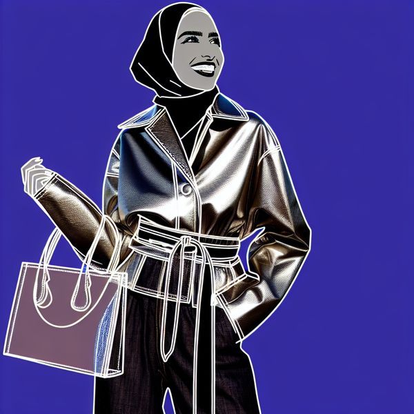 Vrouw in trendy leren modeillustratie Minimalistische illustratie van een vrouw in een trendy leren jack met een bijpassende leren tas, stralend op een heldere achtergrond.