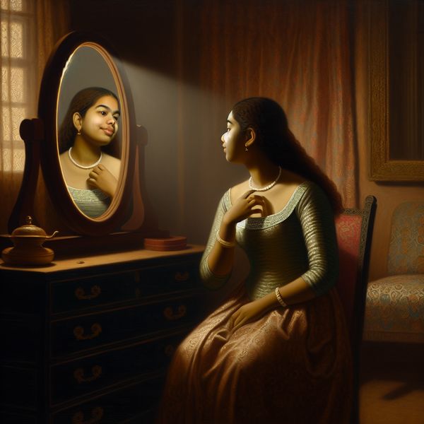 Vrouw bewondert zichzelf in een vintage spiegel met een tevreden uitdrukking in een sfeervolle, zachte lichtomgeving.