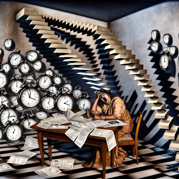 Surrealistische afbeelding van een vrouw in wanhoop te midden van verantwoordelijkheden Vrouw in wanhoop zit aan tafel met klokken, rekeningen en papieren, achtergrond met een onmogelijke trap, symboliseert stress en het gevoel gevangen te zitten.